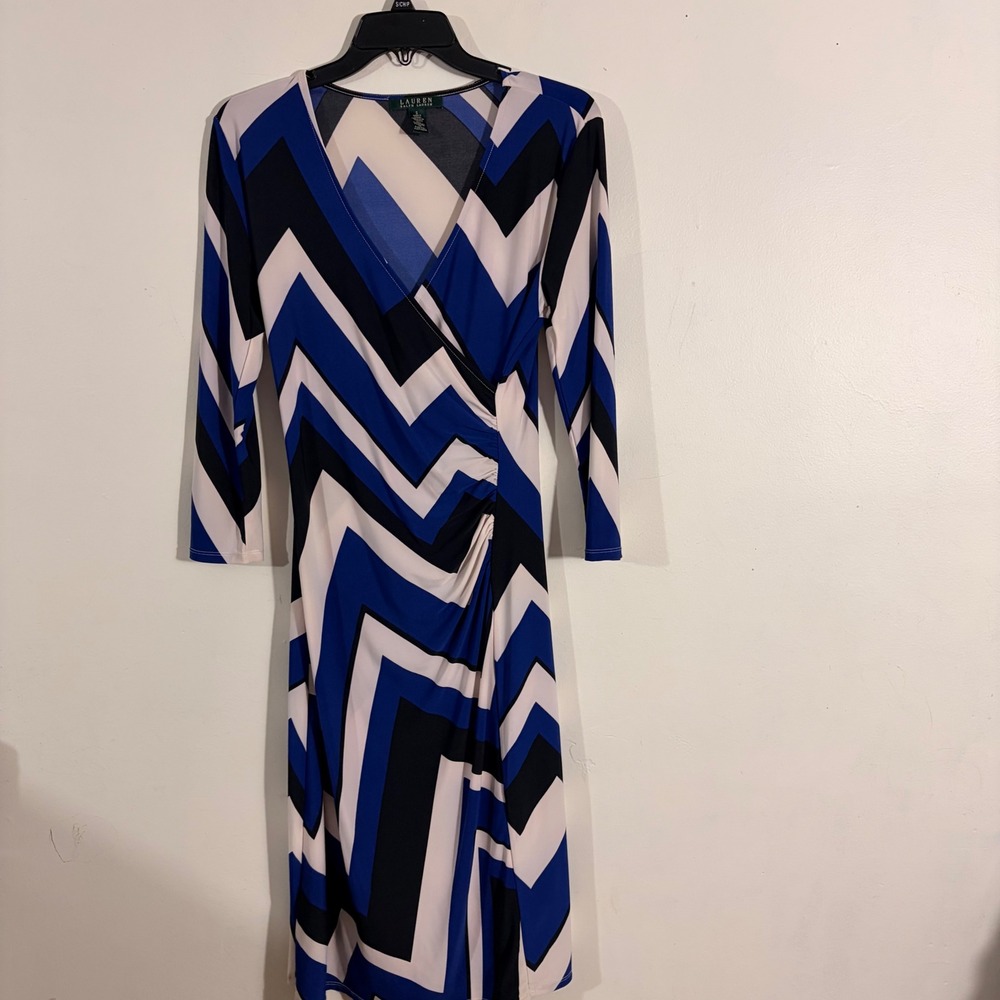 Lauren Ralph Lauren Faux Wrap Dress Women Small Blue Chevron Geometric